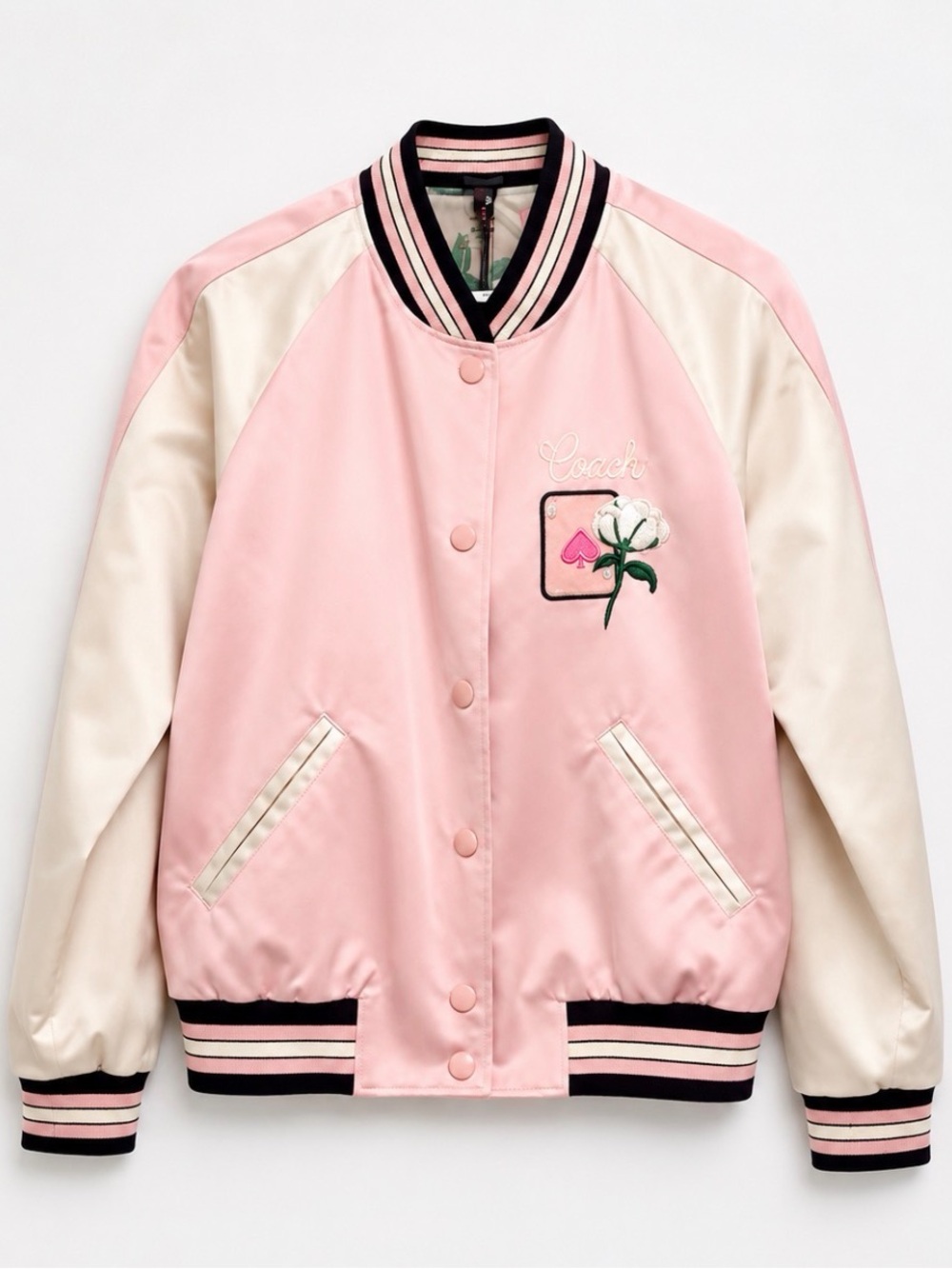 Coach Rare Pink Satin Varsity Bomber Jacket | Y2K Coquette Luxury Streetwear